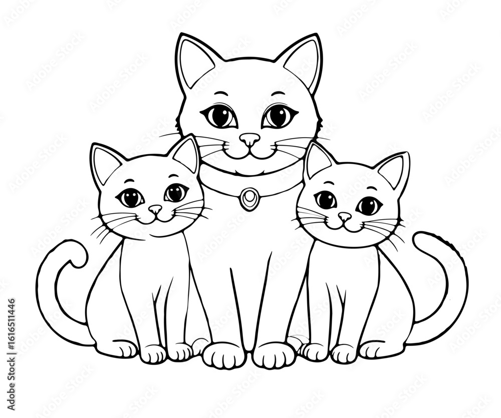 Fototapeta premium Cartoon cat family sitting together, kids coloring page, vector illustration. AI