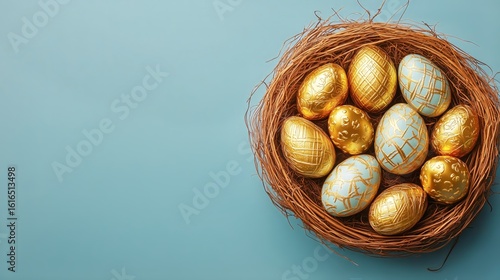 Colorful Decorative Easter Eggs Arranged in a Nest on a Blue Background