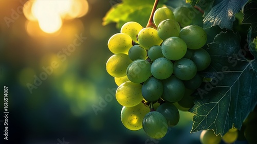 Fresh Green Grapes Hanging From Vine in Golden Light During Late Afternoon