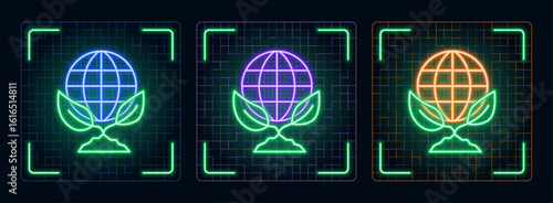 Eco friendly globe preservation icon illustration, ecology green environment vector symbol collection, cyber neon visual, glowing borders frames.