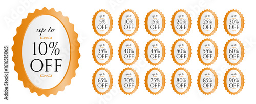 Set of golden discount badges with percentages ranging from 5% to 90% off. Elegant vector design for sales, promotions, and marketing materials.
