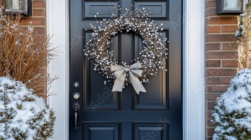 Elegant Winter Wreath Adorning a Black Door With Snow-Covered Shrubs