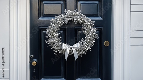 Wreath Decorated With Silver Ornaments and Bow Brightens the Entrance During ...