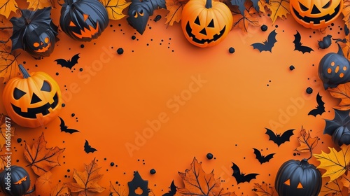 Festive Halloween Decoration Featuring Various Pumpkins and Bats on an Orange...