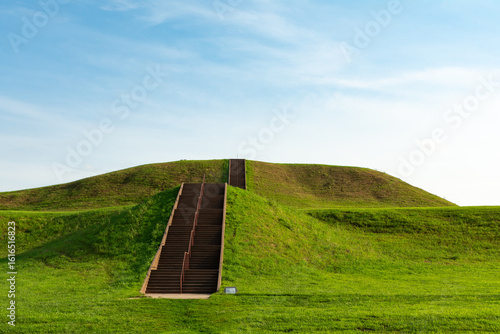Cahokia Mounds State Historic Site, the largest prehistoric Native American city north of Mexico, on a sunny summer morning.  Collinsville, Illinois, USA.