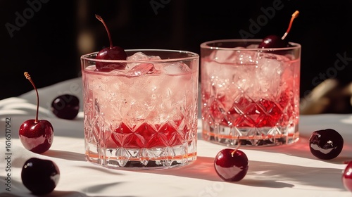 Refreshing Cherry Cocktails Served in Crystal Glasses During a Sunny Afternoo...