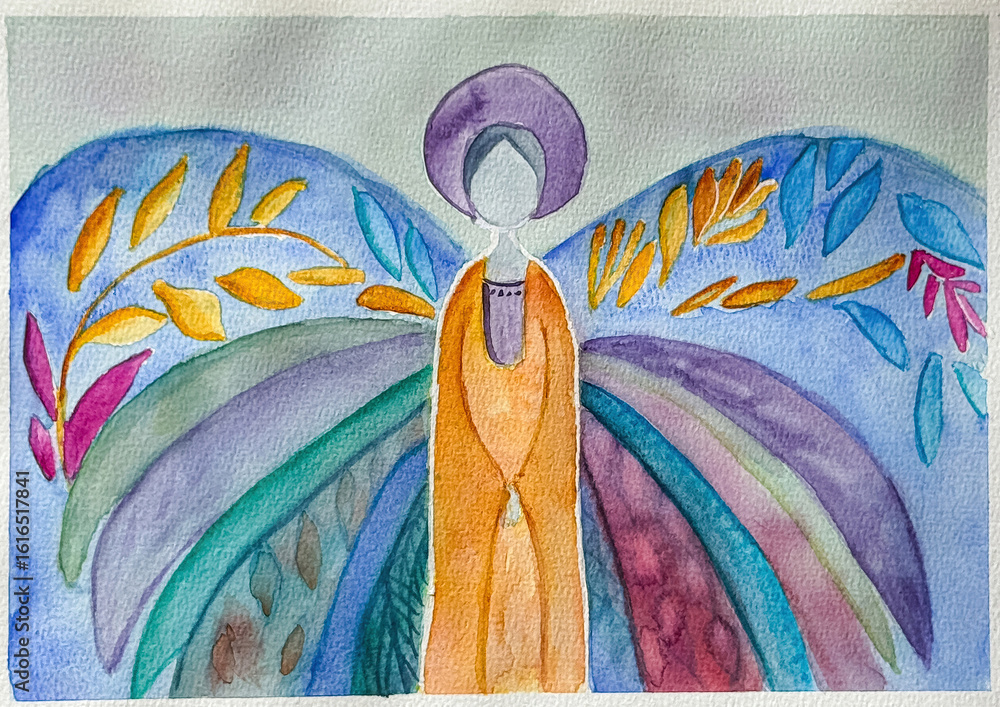 Φωτογραφία Watercolor Angel with Colorful Wings and Golden Leaves – Spiritual Symbolic Art,