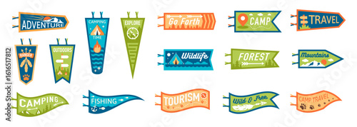 Colorful adventure and camping themed banners with text and icons