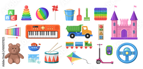 Colorful assortment of children's toys including castle, truck, and keyboard