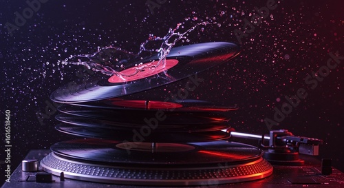 Vinyl Records on Turntable with Water Splash - Vibrant Blue and Red Lighting Creates a Dynamic and Energetic Music Scene