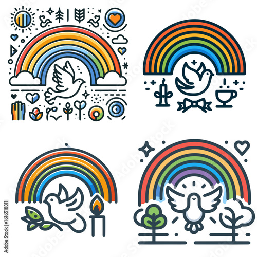Rainbow with dove in playful illustration style and vibrant colors  