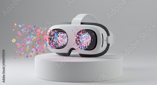 VR Headset with Abstract Colorful Flower Graphics on Podium. Virtual Reality, Digital Art, Gaming, Technology, White Background, Modern Concept.