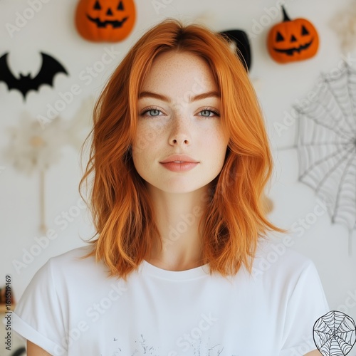 Woman With Orange Hair in a Festive Halloween-themed Room With Decorations