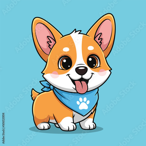 Adorable cartoon corgi puppy wearing a blue bandana with a paw print vector illustration