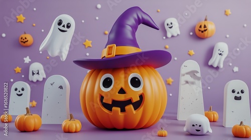 Colorful Halloween Decorations With Pumpkin, Ghosts, and Spooky Elements on a...