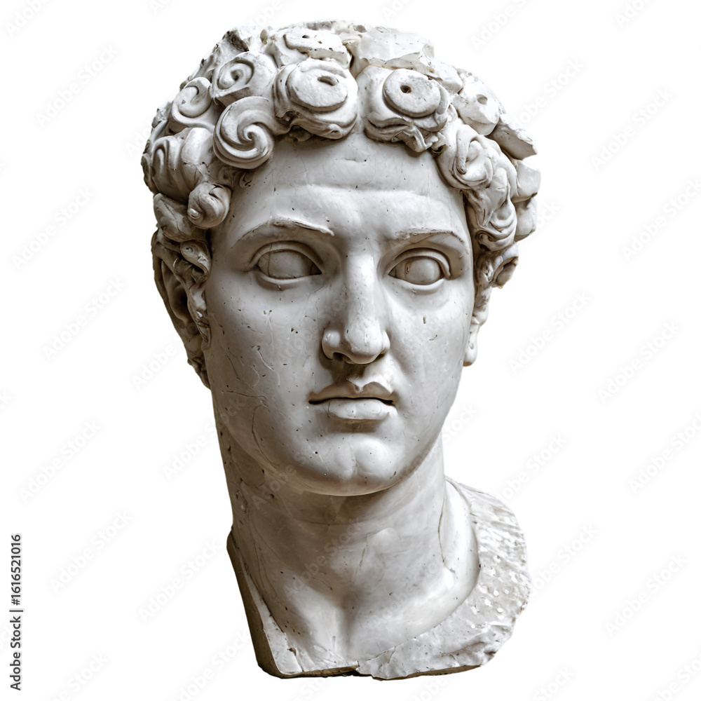 Ancient greek sculpture face artifact. Broken fragment of antique statue head isolated on transparent background Ancient greek sculpture face artifact. Broken fragment of antique statue head isolated on transparent background