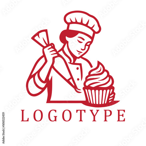 Elegant monochrome logo of a pastry chef piping icing onto a cupcake, rendered in bold red lines with a clean, modern style.