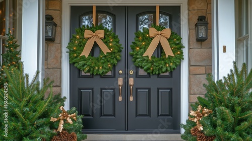 Festive Entrance With Holiday Wreaths and Evergreen Trees Decorated for Winte...