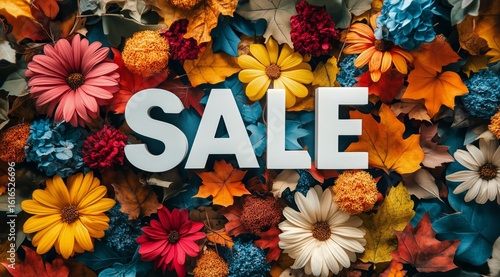 Colorful Floral Arrangement With Sale Sign During Autumn Season