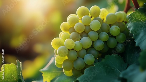 Fresh Green Grapes Hanging From Vine in Golden Light During Late Afternoon.