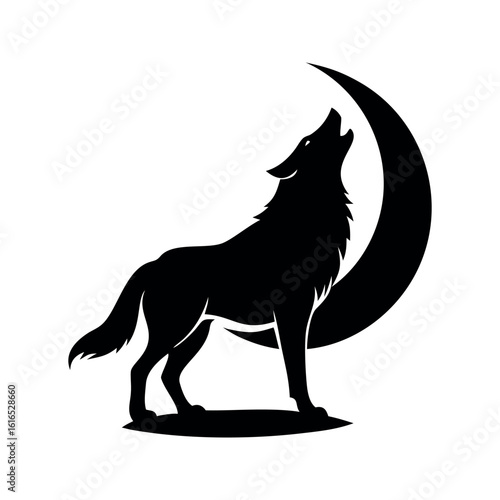 Black wolf howling at crescent moon night