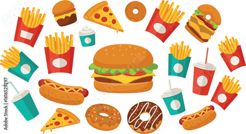 Fast food illustration with burger, fries, pizza, hotdog, donut, soda drink, flat cartoon style, junk food clipart, colorful vector