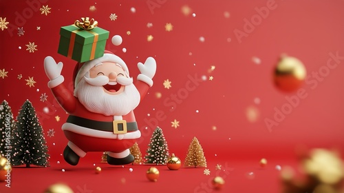 Happy Santa Claus Celebrating Christmas With a Present on a Festive Red Backg...