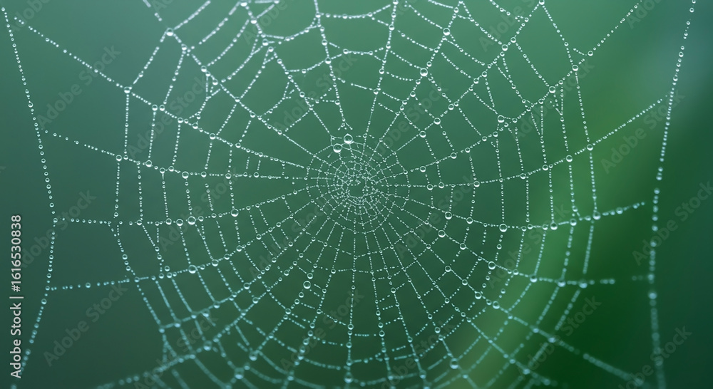 Fototapeta premium Dew-Kissed Spiderweb A Misty Morning's Delicate Artistry Unveiled in Nature's Embrace