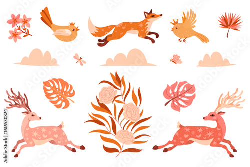 Collection of hand drawn bohemian animals and plants