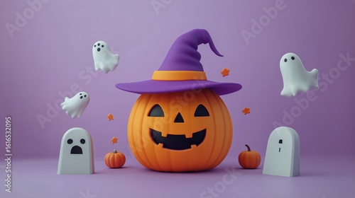 Colorful Halloween Decorations With Pumpkin, Ghosts, and a Wizard Hat on a Pu...