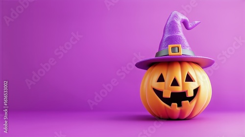 Pumpkin Wearing Purple Witch Hat on Vibrant Purple Background for Halloween C...