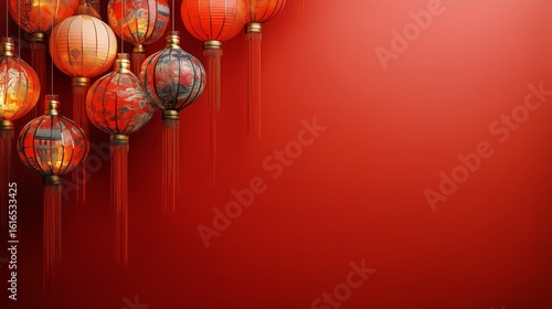 Decorative Red Lanterns Hanging Against a Vibrant Background During a Festive...