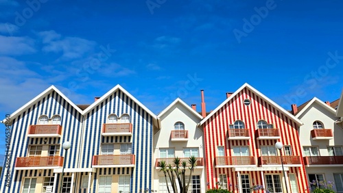colorful summer houses, typical of costa nova in aveiro, portugal