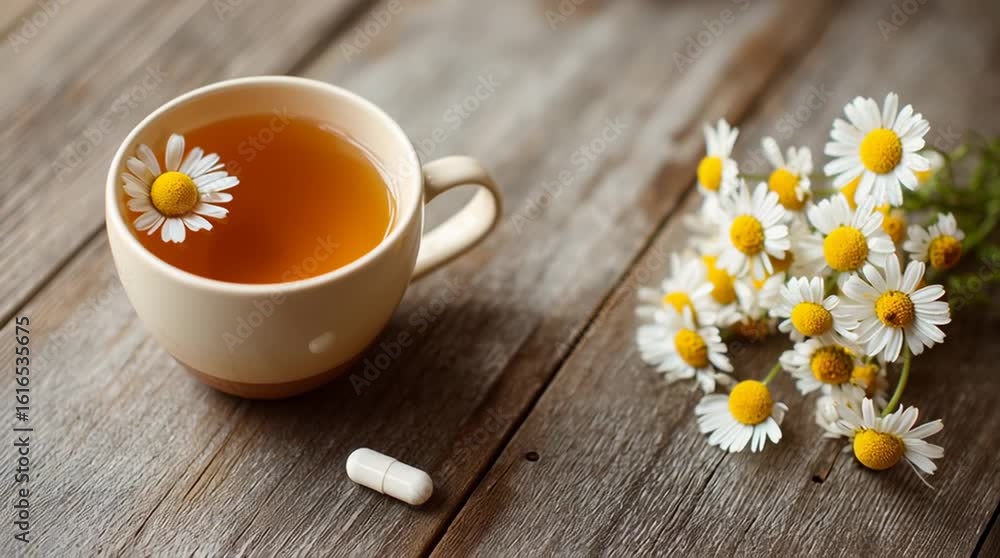 Cup of Chamomile Tea with Supplement Pill and Fresh Daisies on Rustic Wooden Tabletop Cup of Chamomile Tea with Supplement Pill and Fresh Daisies on Rustic Wooden Tabletop