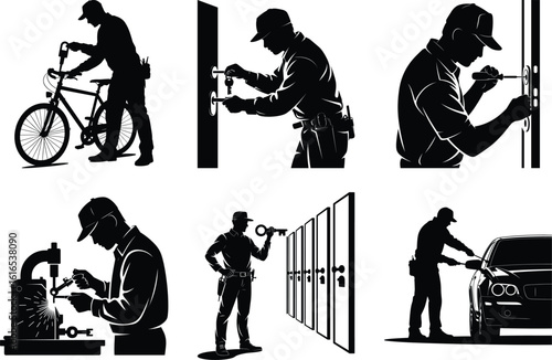 Locksmith Silhouette Bundle, Key Maker Locksmith People Vector Art on a White Background. Locksmith logo SVG clipart.