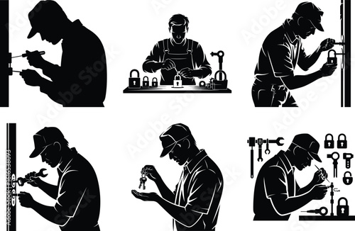 Locksmith Silhouette Bundle, Key Maker Locksmith People Vector Art on a White Background. Locksmith logo SVG clipart.