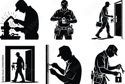 Locksmith Silhouette Bundle, Key Maker Locksmith People Vector Art on a White Background. Locksmith logo SVG clipart.