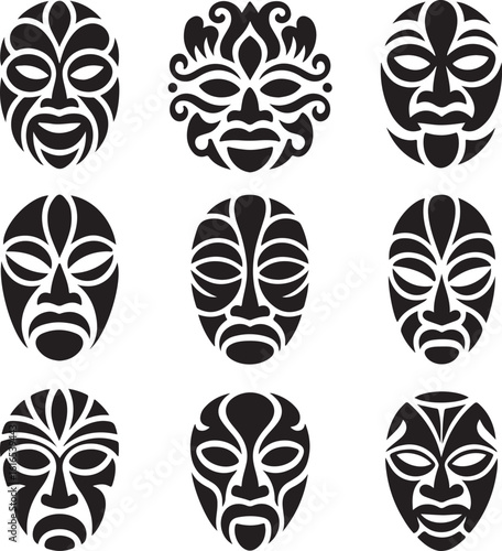WebCollection of nine tribal mask designs in a black silhouette style on a white background