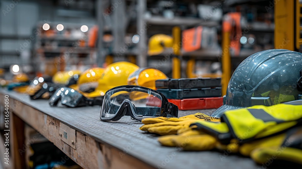 Fototapeta premium Safety Gear on Workshop Bench: Hard Hats, Gloves, and Goggles