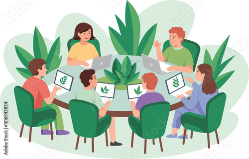 Eco Friendly Business Meeting with Laptops and Greenery Illustration