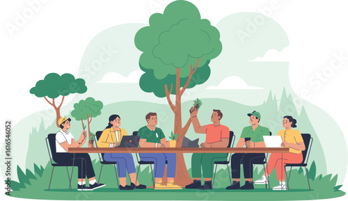 Group of people working together in nature for environmental sustainability project