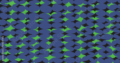 Bold abstract pattern with a scattered, layered arrangement of starburst shapes and circles in black, vibrant green, and deep blue. Energetic and abstract, perfect for contemporary design