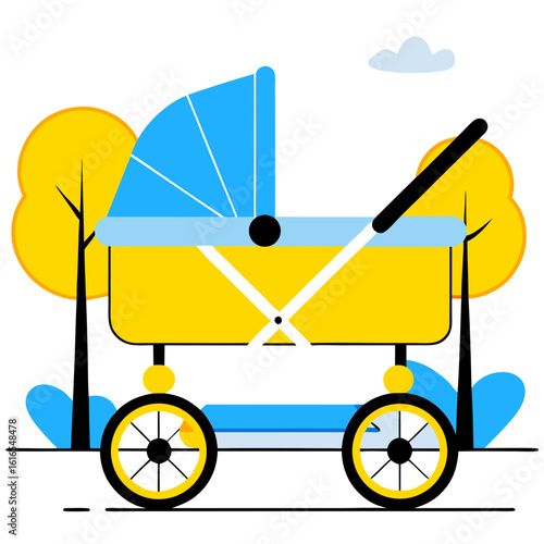 Baby stroller icon in blue and yellow flat style