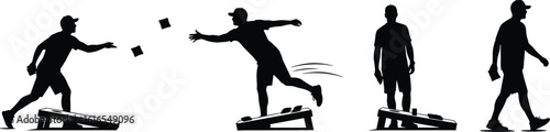 Cornhole game silhouette sequence, cartoon-style bean bag toss actions, outdoor lawn activity figures, sports movement illustration, competitive play pose artwork
