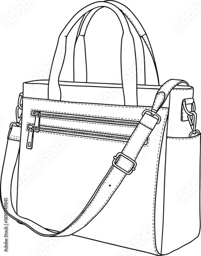 Handbag cad drawing flat vector illustration, top handle and shoulder strap design with zipper pockets, structured fashion accessory sketc