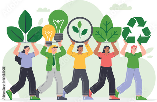 Diverse group of people holding up environmental symbols promoting sustainability ecology