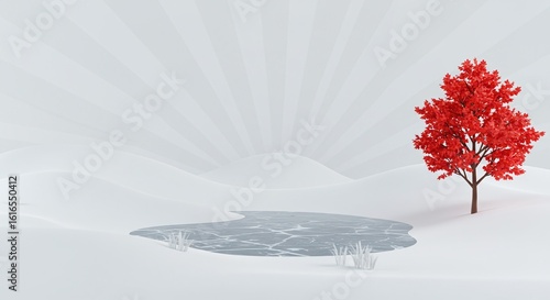 Red Tree by Frozen Pond in Minimalist Winter Landscape: Tranquil, Serene Nature Scene with Bright Color Pop & Muted Background for Seasonal Themes & Design