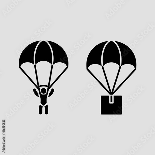 parachute, skydiver, cargo, drop, icon, vector, silhouette, jump, delivery, air, flight, descent, equipment, sky, transport, package, aviation, aerial, shipping, glide, fall, deploy, canopy, military,