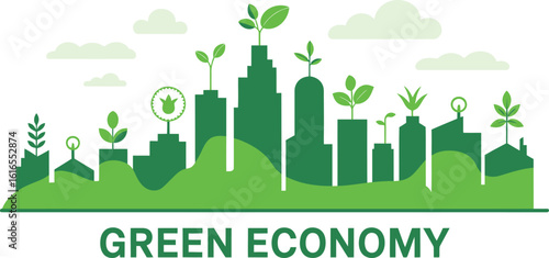 Green Economy Concept Cityscape Silhouette with Plants Growing on Buildings