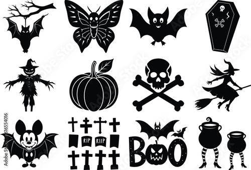 Vector silhouette of halloween icons and symbols isolated on transparent background